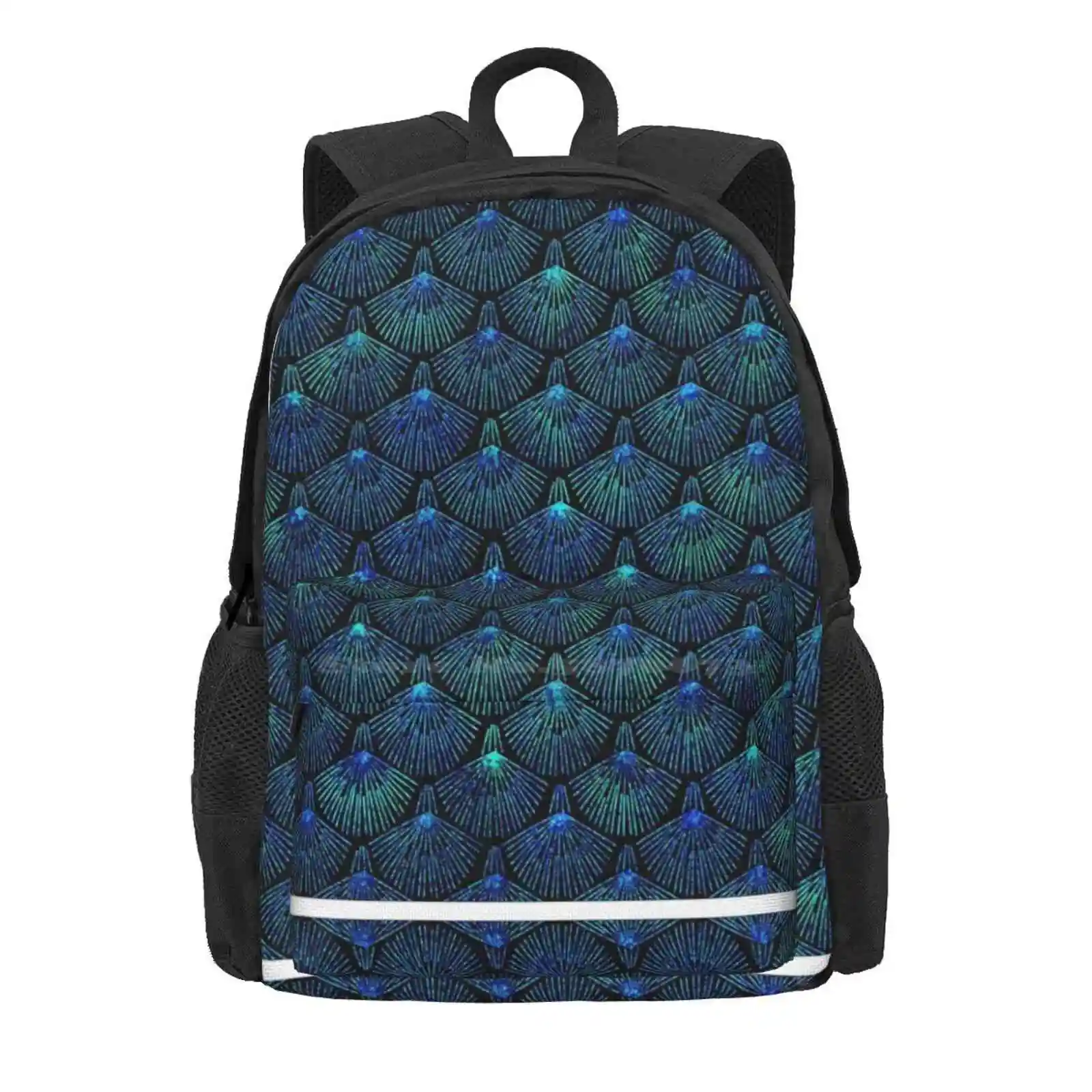 Peacock Hot Sale Schoolbag Backpack Fashion Bags Peacock Feathers Abstract Blue Turquoise Glitter Black Fran Poupoune Scales