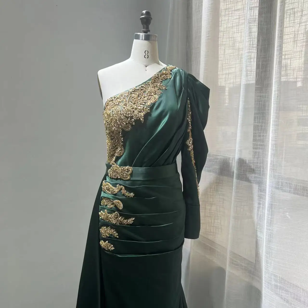 Green New Custom One-shoulder Luxury Handmade Beading With Pleated  Women Wrap Dresses Sexy Satin Evening Dresses