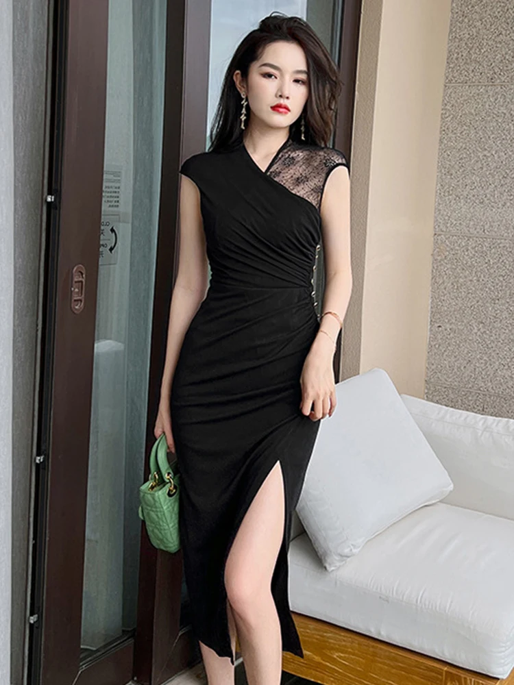 Abito da sera da donna francese nero Vintage Casual pieghe trasparenti fessura sottile Midi Party Club Beach Prom Lady Robe Femme Mujer Vestidos