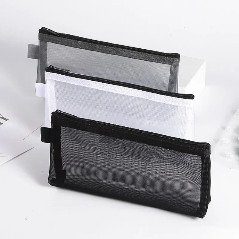 Gray Black Makeup Case Large Capacity Mesh Transparent Cosmetic Brush Bags Students Solid Color Zipper Nylon Pencil Case