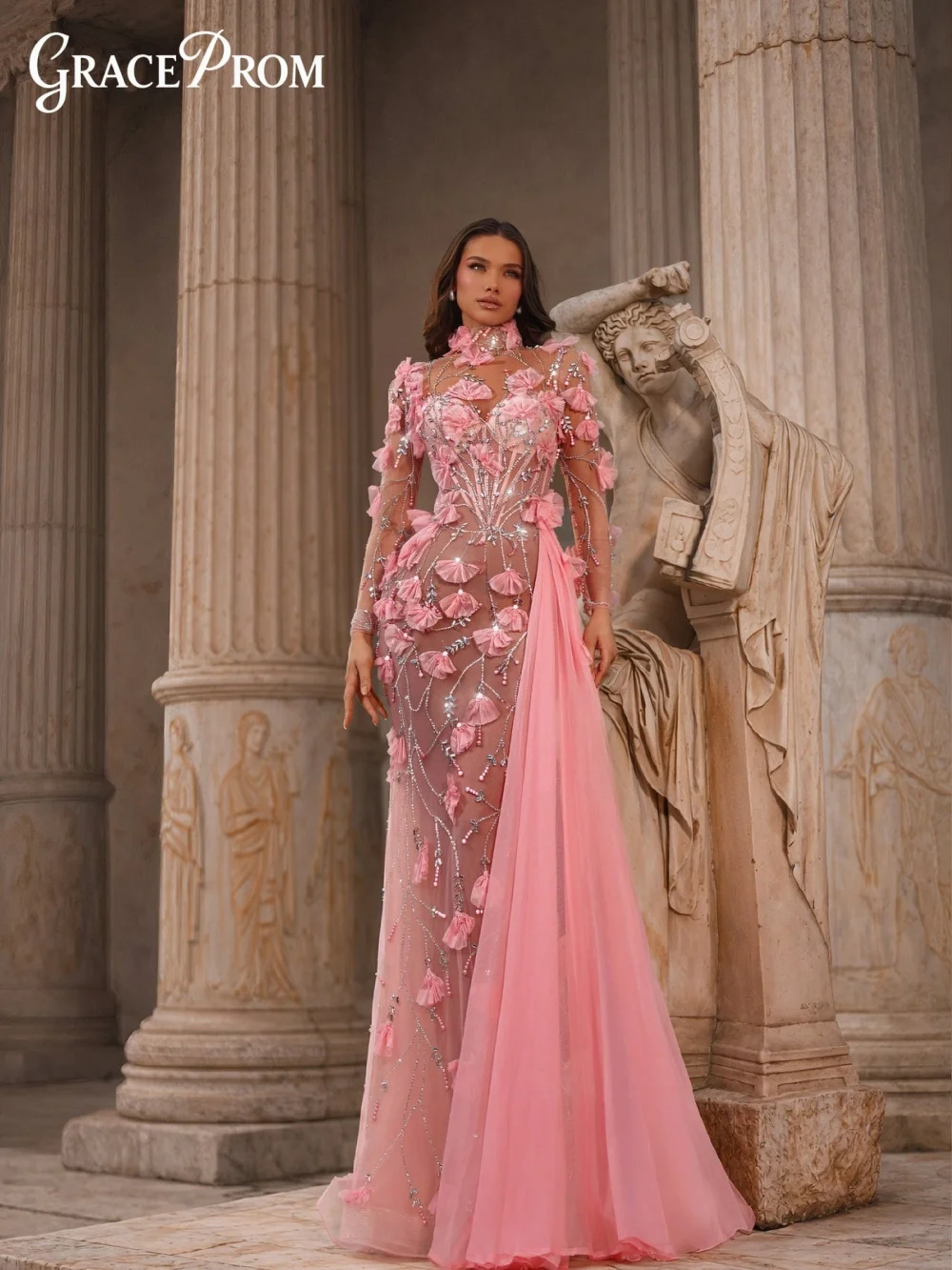 

Elegant Light Pink Long Dress High Neck Long Sleeves Side Train 3D Tulle Party Dress Evening Gown For Wedding Guests فساتين سهرة