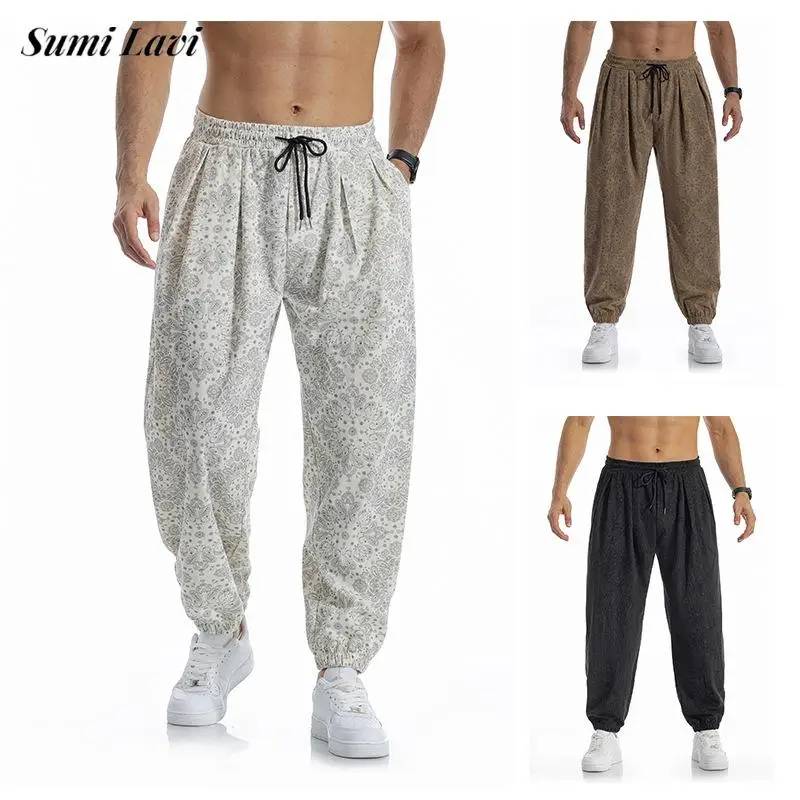 Fashionable Loose Fit Print Pattern Corduroy Pants Mens 2026 Autumn Warm Streetwear Vintage Tie-up Jogger Trousers For Male