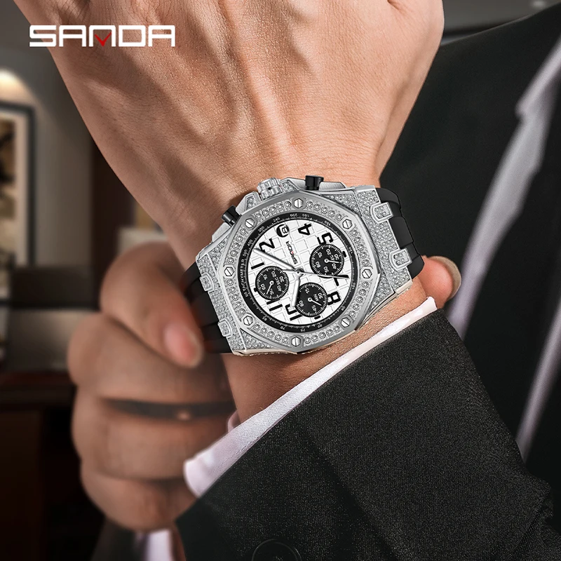 

SANDA 7026 Men's Quartz Watch Fashion Leisure Diamond Luminous Date Simulation Display Silicone Strap Men's Gift Watch 2025