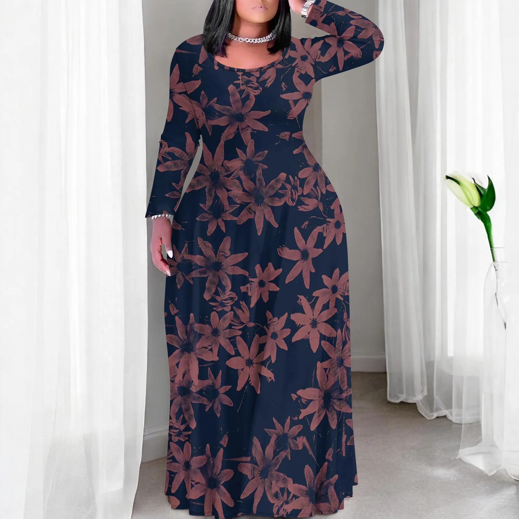 

Women's Red Abstract Crew Neck Long Sleeve Printed Maxi Dress Polyester with Pockets Party Winter