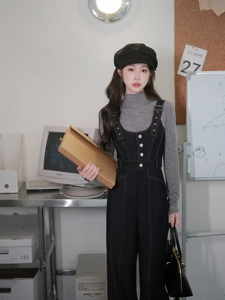 

Женские джинсовые комбинезоны Berlin Academy, весна 2026, с высокой талией, широкими штанинами, повседневные, универсальные, длинные брюки из полиэстера