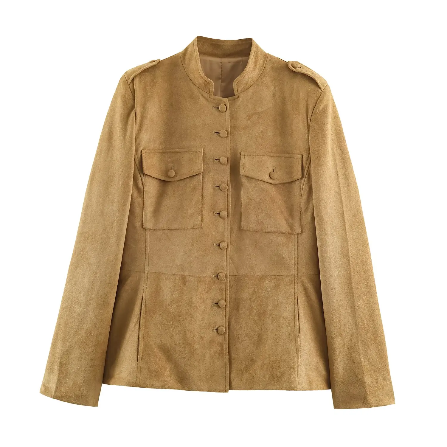 Damen Slim-Fit Jacke Stehkragen Langarm Einreihig mit Taschen Einfarbiger Wildledermantel 2026 Herbstmode Pendler-Oberbekleidung – Detail 2