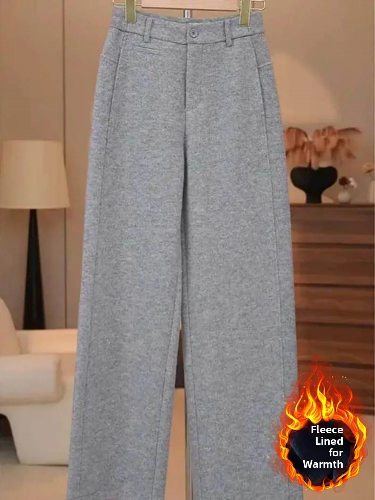 Damskie wełniane spodnie z szerokimi nogawkami, miękkie, proste, do pracy, z wysokim stanem, z detalami, w stylu koreańskim.