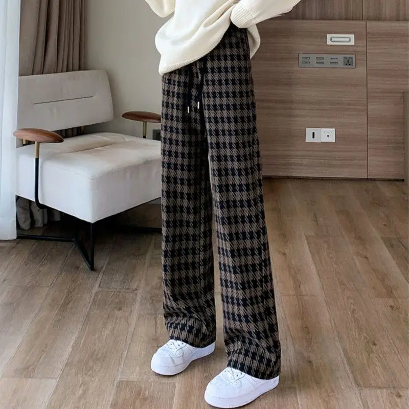 Simplicity Vintage Autumn New Pants Women Plaid Drawstring Elastic High Waist Fashion Straight Casual Loose Wide Leg Trousers