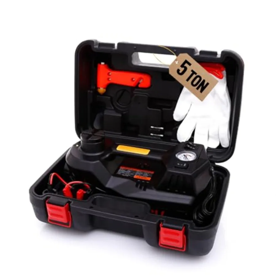 

Roadside emergency use, steel construction, black finish, 5-ton capacity with integrated tire pump for SUV, truck, sedan