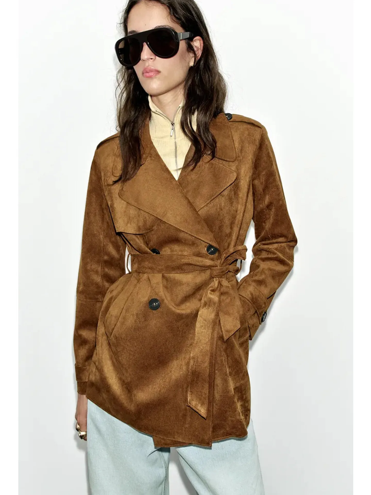 New Autumn Women's Long Sleeve Notch Collar Double Breasted Belted Windbreaker Jacket Regular Length Polyester Fiber 100%