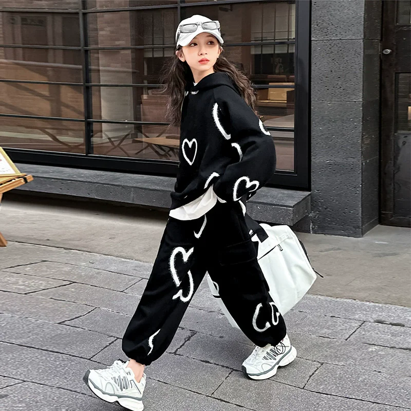 Spring Fall School Girls Sport Suit Printed Hooded Sweatshirt+Sport Pants 2pcs Teen Kids Clothes Set Children Tracksuit outfit