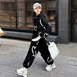 Spring Fall School Girls Sport Suit Printed Hooded Sweatshirt+Sport Pants 2pcs Teen Kids Clothes Set Children Tracksuit outfit