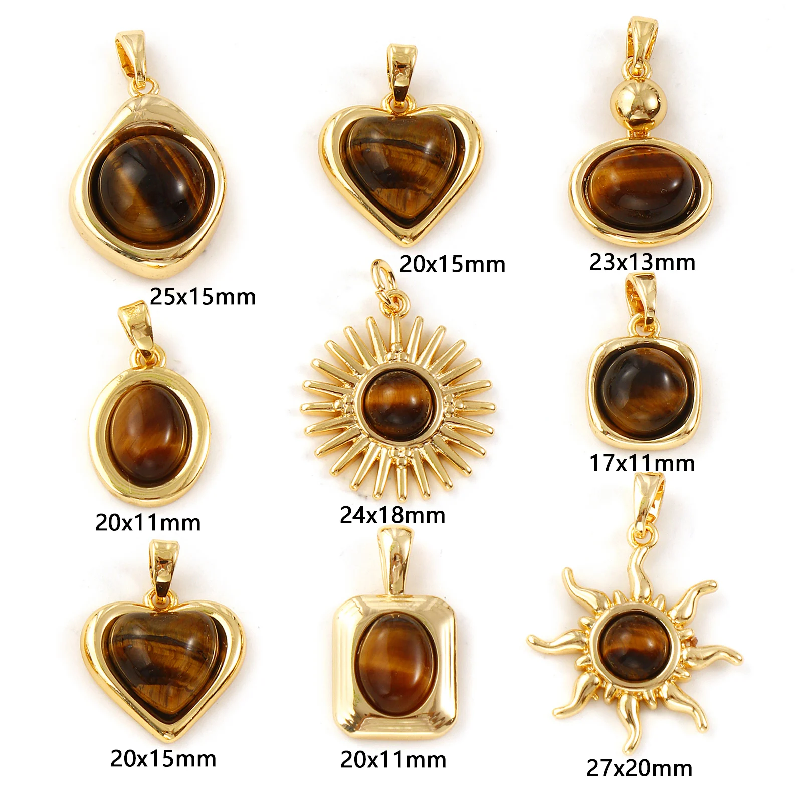 1PC Brass & Tiger's Eyes Stone Charms 18K Gold Plated Brown Heart Sun Water Drop Oval Pendants For DIY Keychains Necklace Making