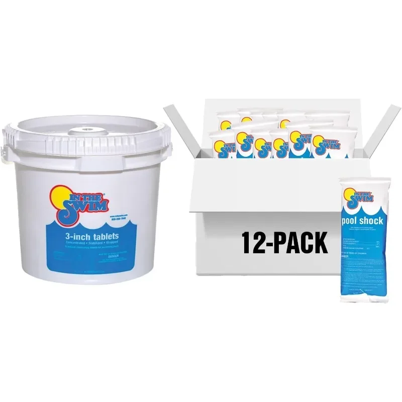 In The Swim Chlorine and Shock Bundle for Sanitizing Swimming Pools – Includes 25 Pound Bucket of 3 Inch Stabilized Chlorine