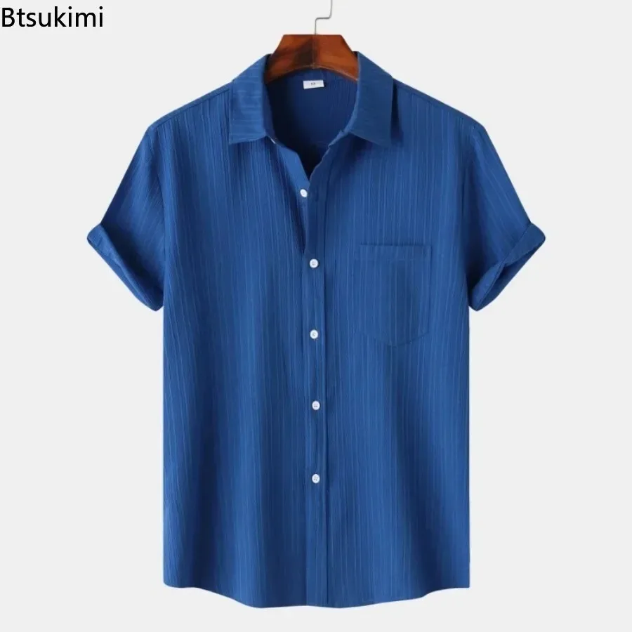2025 New Men's Solid Striped Shirts Summer Fashion Short Sleeve Simple Lapel Tops Male Casual Holiday Daily Wear Camisas Homme