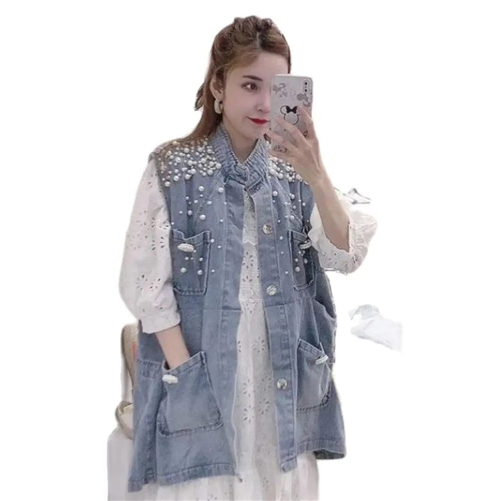 Pearl Women Denim Tank Top Denim Waistcoat Korean Fashion Cardigan Sleeveless Jacket Loose Pearl Button Vest Designer Gilet 5XL