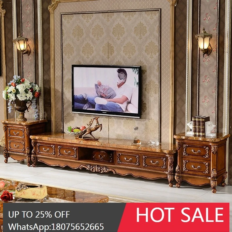 

SGF European Style Solid Wood TV Cabinet Marble Surface Audiovisual Cabinet Combination