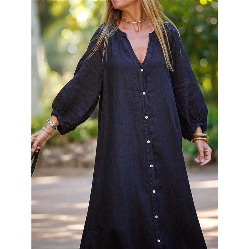 ชุดเดรสเชิ้ตผ้าลินินแขนยาวคอปกทรงหลวมสไตล์ลำลองสำหรับผู้หญิง CGS-Women Summer