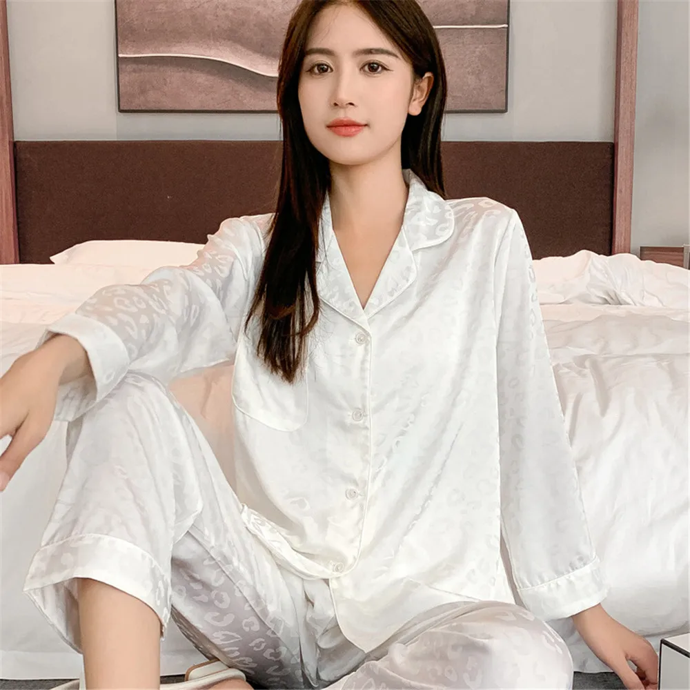 

Jacquard Satin Pajamas Suit Women Sleepwear Loose Lounge Wear Shirt Pants Nightwear