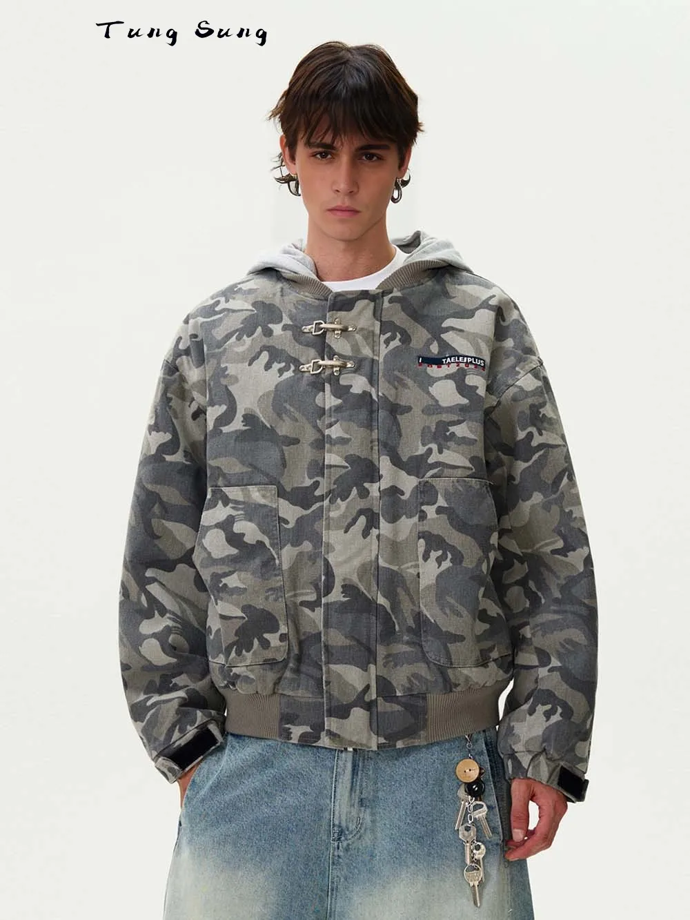 Tung Sung American Camouflage Kapuzen-Piloten-Pufferjacke für Herren und Damen, lockerer, abnehmbarer Parka mit Retro-Waschung