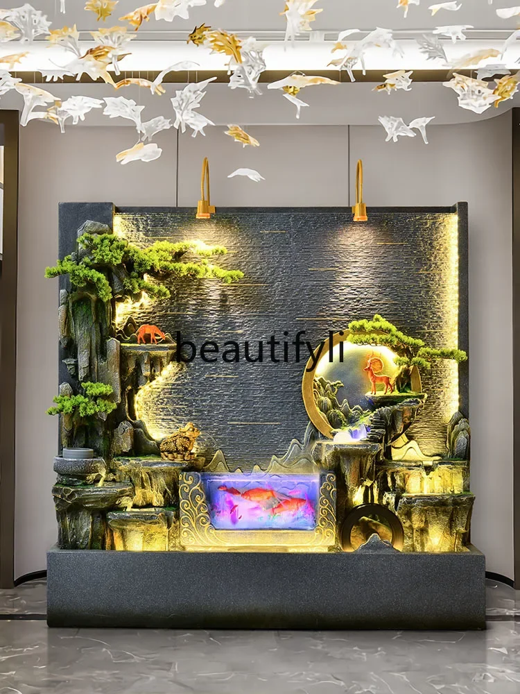 Water curtain wall, fish tank, living room, flowing water fountain, large rockery ornament, circulating water decoration