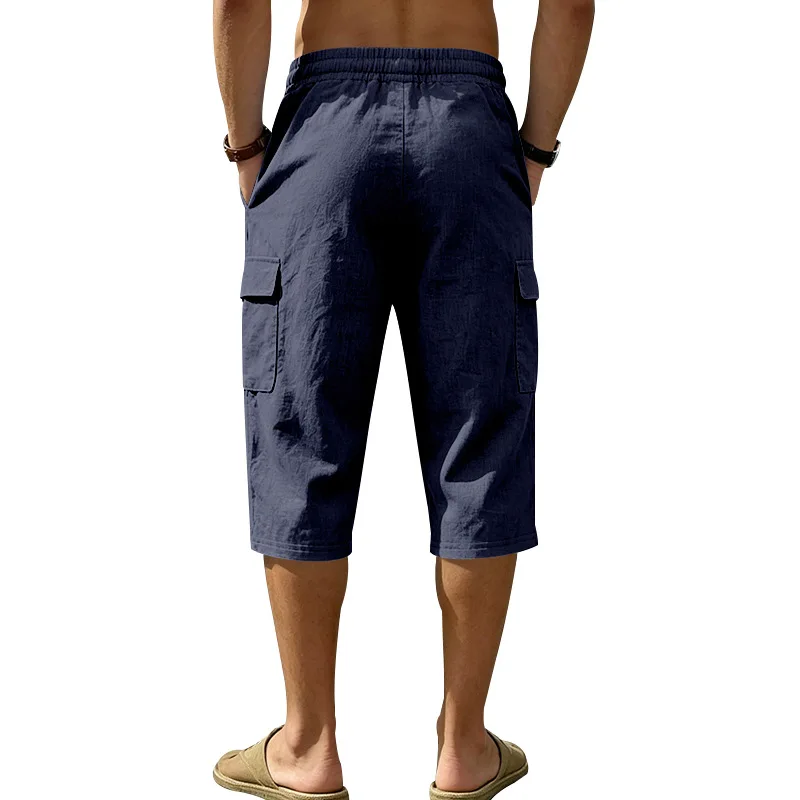 Europäische und amerikanische Sommer-Shorts aus Leinen für Herren, lässig, Outdoor, Arbeitskleidung, Pendler, Sport, Multi-Pocket, 7/8-Länge – Detail 11