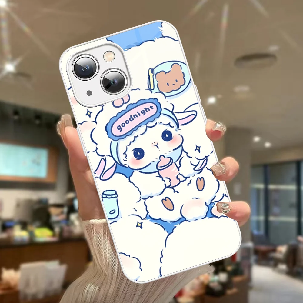 Cute Cartoon Little L-Lamb Phone Case Tempered Glass For Iphone 14 13 12 11 Pro Mini XS MAX 14Plus X XS XR Fundas