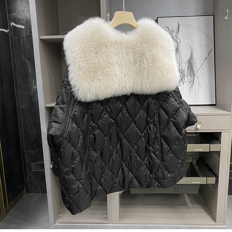 2024 New Female Fox Fur White Duck Down Down Jacket Thicken Warm Parkas Coat Loose Jacket Coat Fox Fur Collar Outwear