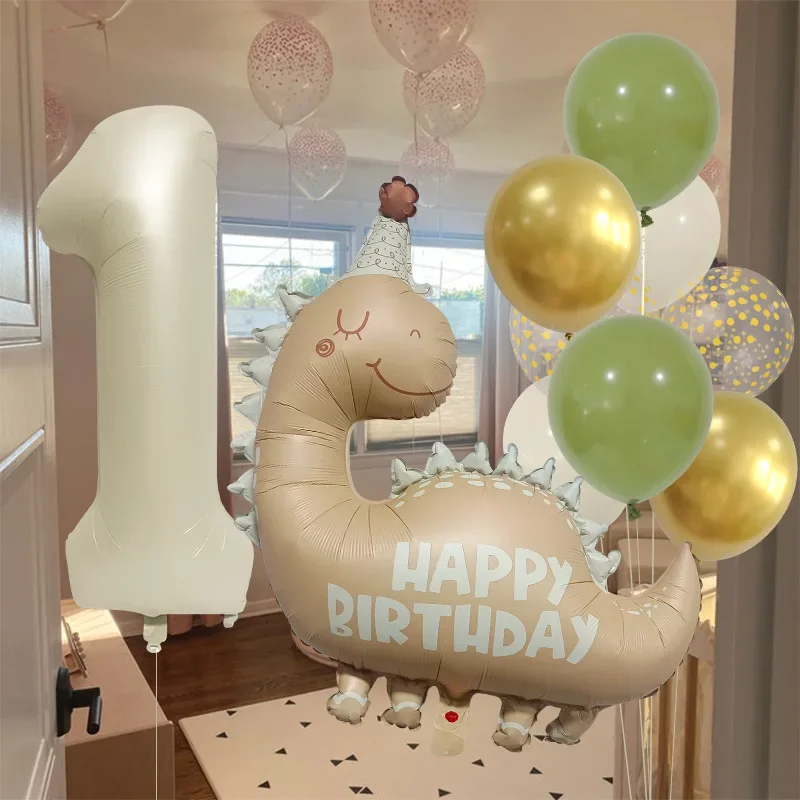 Retro Matte Caramel Colored Dinosaur Aluminum Film Balloon Set Happy Birthday Party Decoration Kids Boy Background Photo Prop