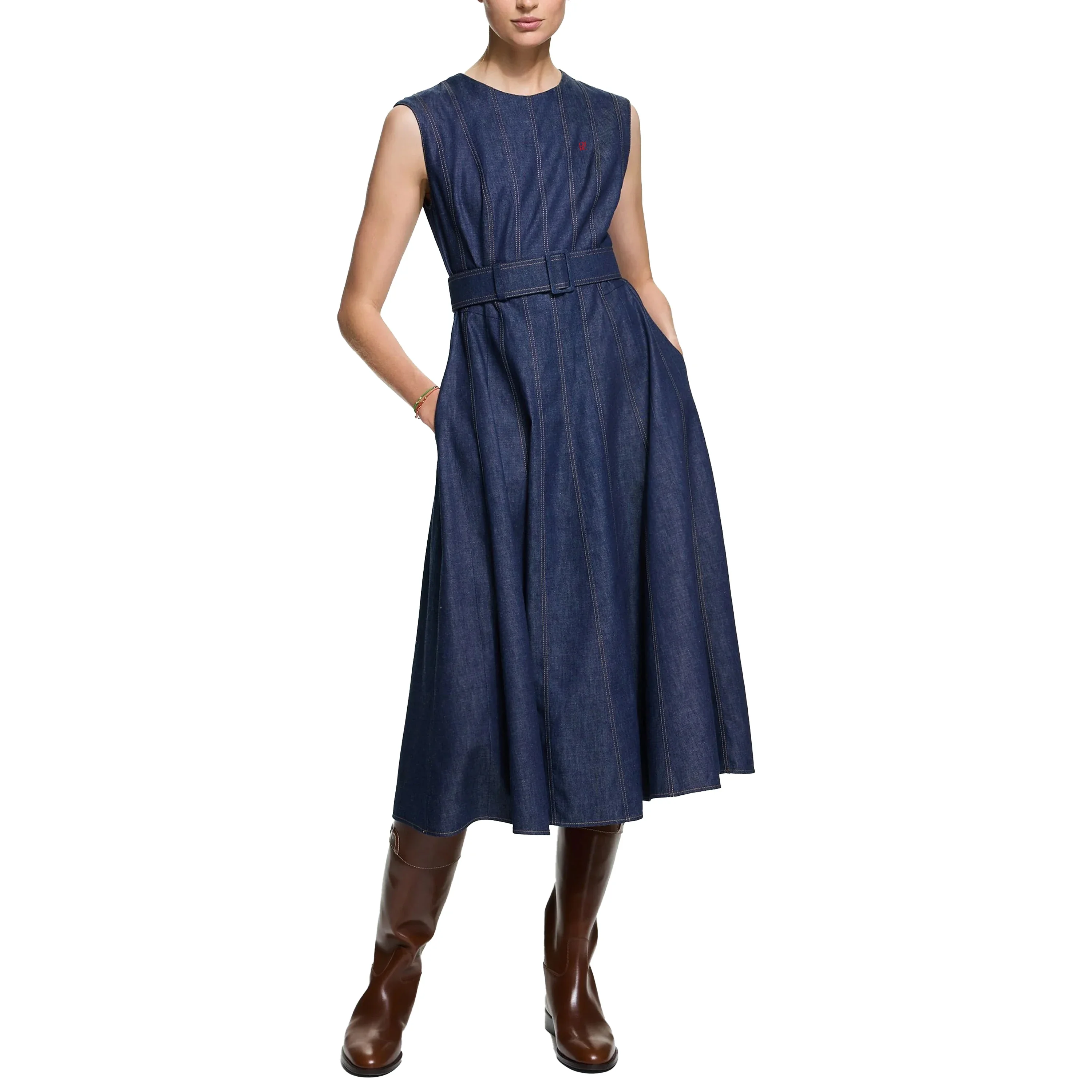 Brand Women Denim Dress O Neck Embroidery Sleeveless Dresses Fashion A Line Slim Square Buckle Belt Office Ladies Denim Dresses