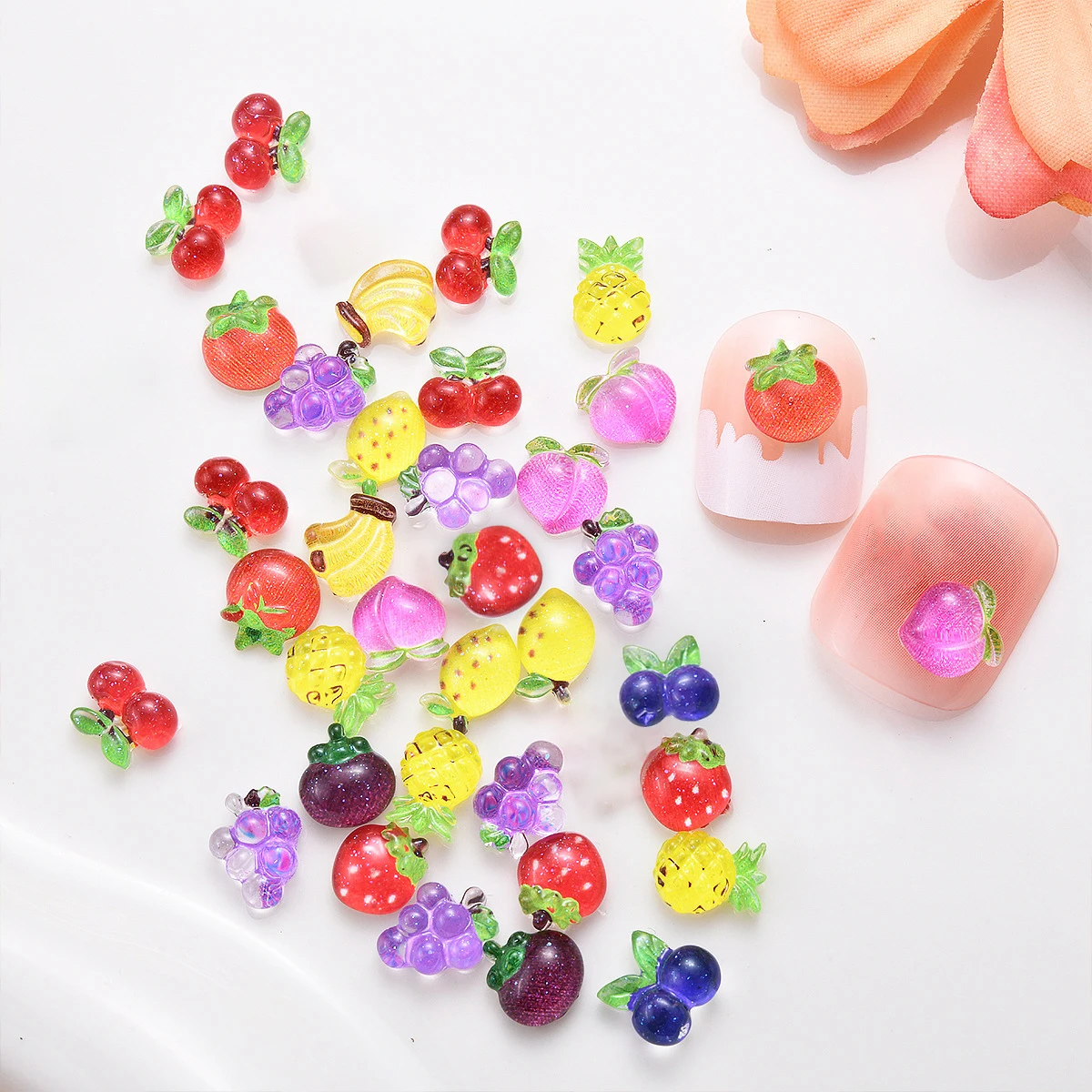 20 Pcs Mini New Fruit Nail Art Charms 3D Strawberry Cherry Pineapple Decals Resin Stones Cute Summer Gems Accessories Nail Decor