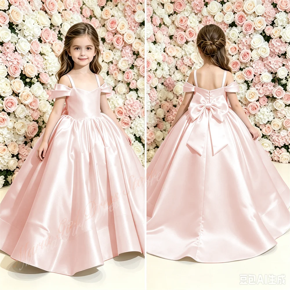 Lovely Satin Wedding White Flower Girl Dress Bow Off-shoulder Trailing Party Birthday Beauty Pageant Little Baby Gown