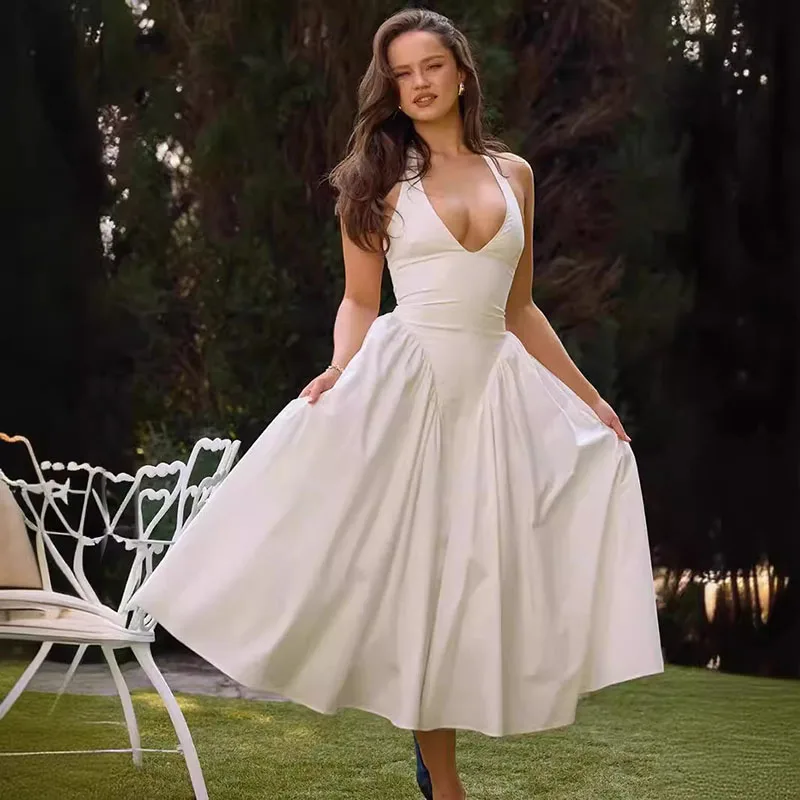 

Sexy Halter Deep V Neck Sleeveless Maxi Dress Solid Color Slim Fit Backless Bodycon Long Dress for Women Evening Party Clubwear