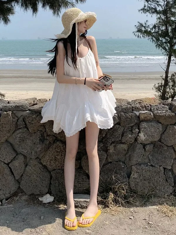 

Stunning Unique Beautiful Beach Vacation Style Summer Dress Strapless Cotton Gown Backless Shoulder Bared Natural Waist Skirt