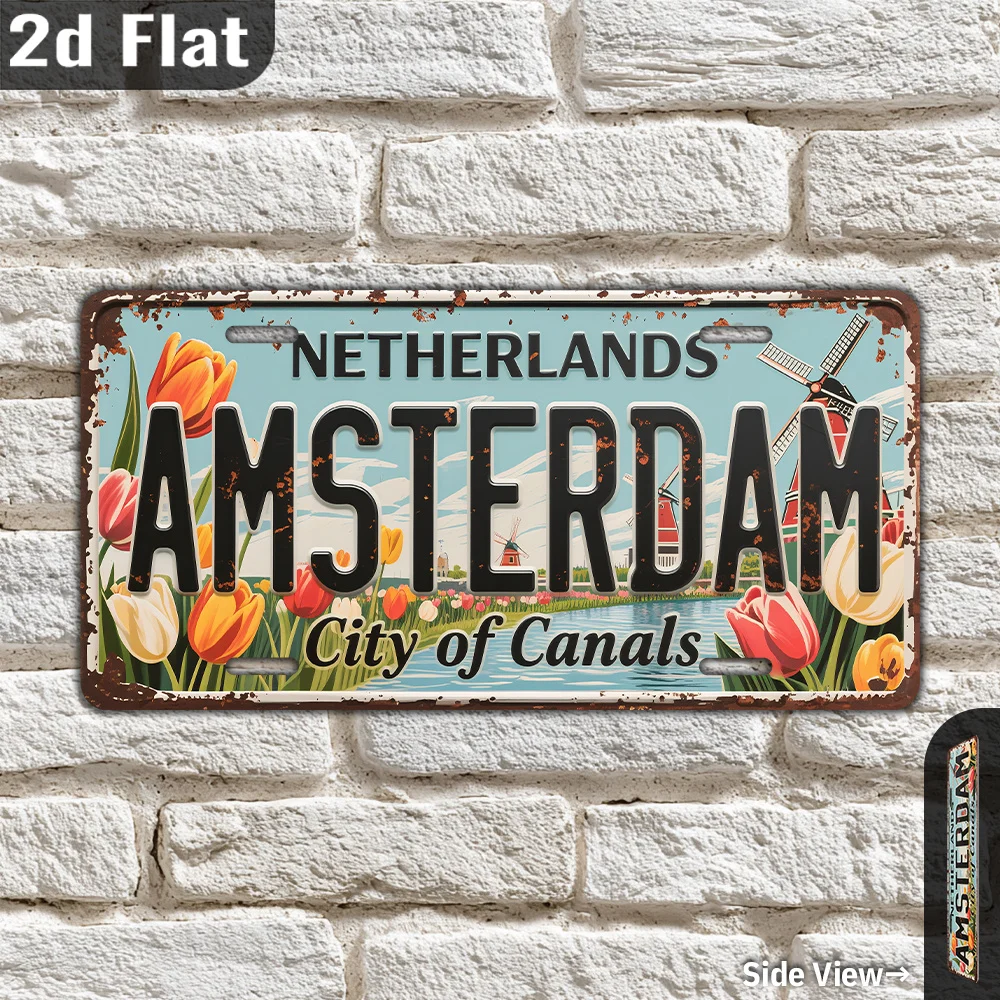 2D Flat, 1pc Amsterdam Netherlands License Plate Wall Art - Dutch Windmill & Tulips Metal Sign, 12