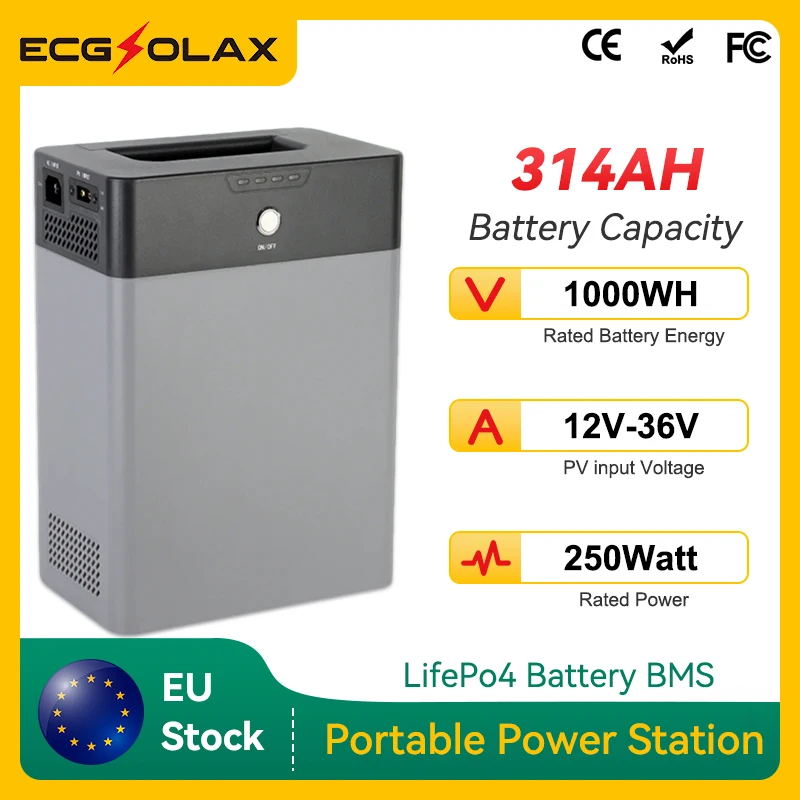 ECGSOLAX 250W Portable Outdoor Power Supply 1KWH 220VAC Output LifePO4 Lithium Battery for PV Solar Panel and Grid Charging IP20