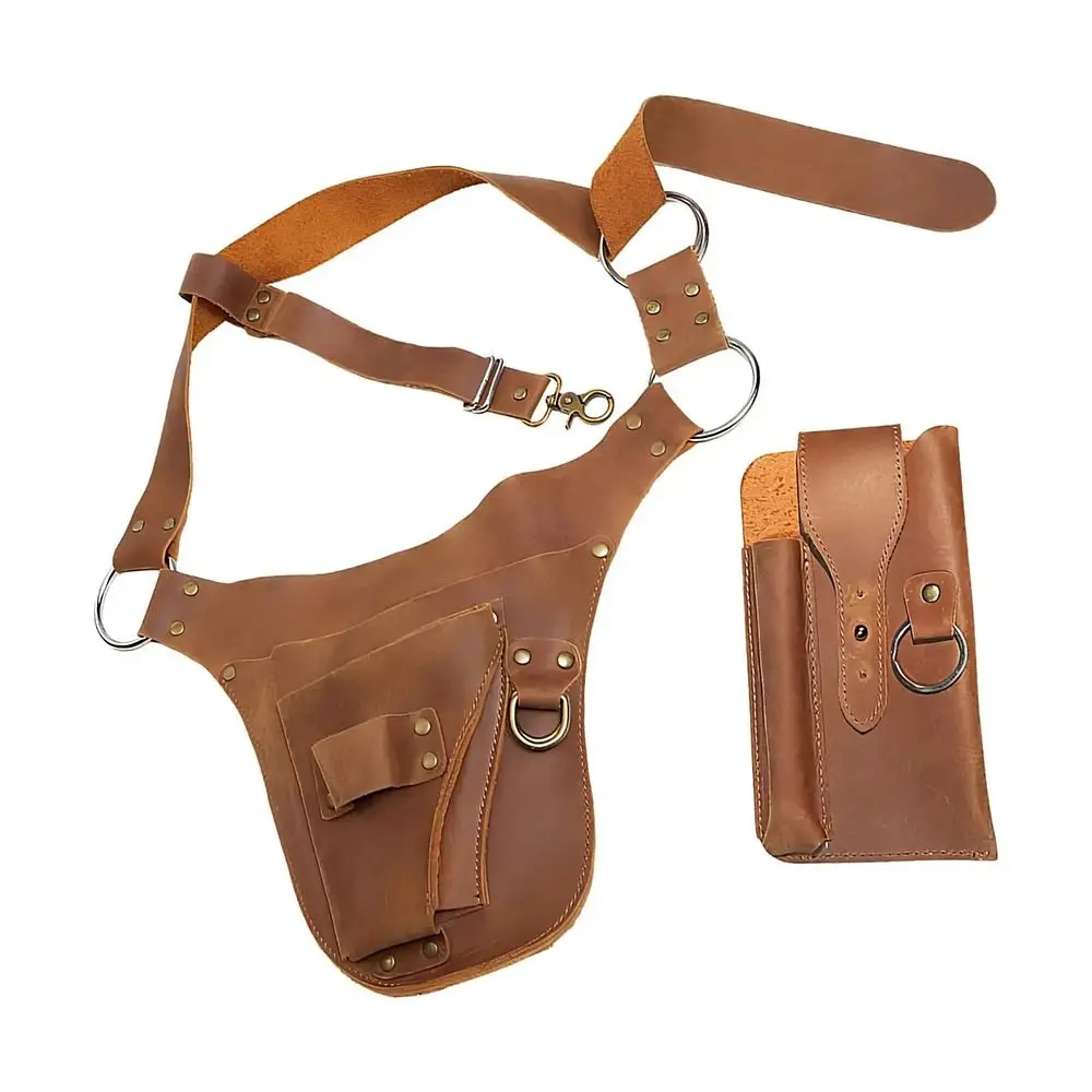 PU Material Waist Bag Punk Style Adjustable Belt Tool Pouch Rivet Decor Multi-Pocket Design Hip Bag Outdoor Activities