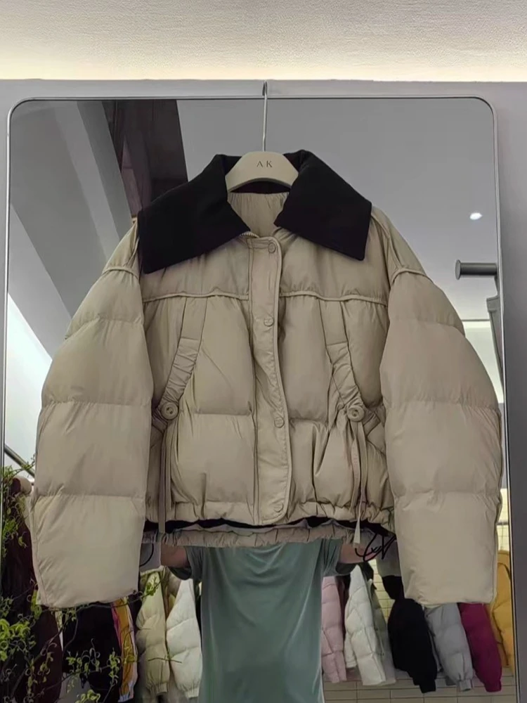 2025年冬新作 ダウンジャケット レディース 韓国風 カラーブロッキング スプライシング 厚手 ショート丈 ホワイトダックダウンコート