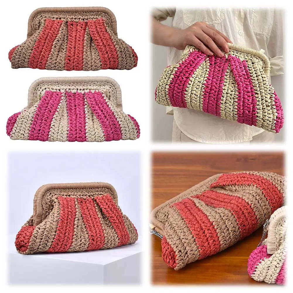 

Straw Clutch Handbag Handmade Clutch Purse Cloud Dumpling Bag Striped Woven Handbag Designer Weaving Pouch for Party Vacation