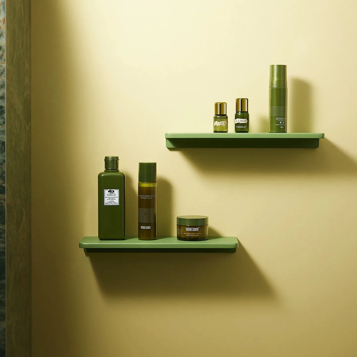 Matcha Green No Drill Wall Shelves Bathroom Vanity Makeup Organizer One Line Partition Hotel Restroom Mirror Front Storage Rack