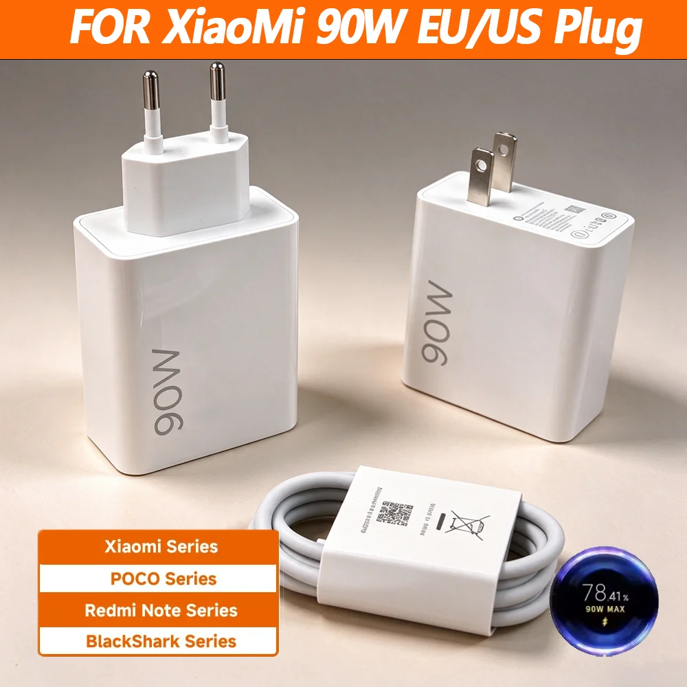 For Xiaomi Charger 90W EU Turbo Charge USB Type C Cable Adapter Mi 15 14 13 Pro Ultra Redmi Note POCO MIX Flip