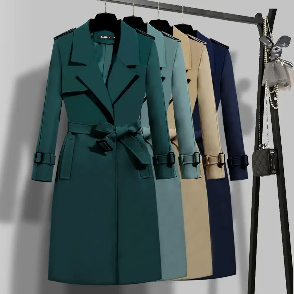 Elegante cintura ufficio lungo Trench donna primavera autunno allentato colletto rovesciato autunno soprabito nuovo tinta unita manica lunga Outwear