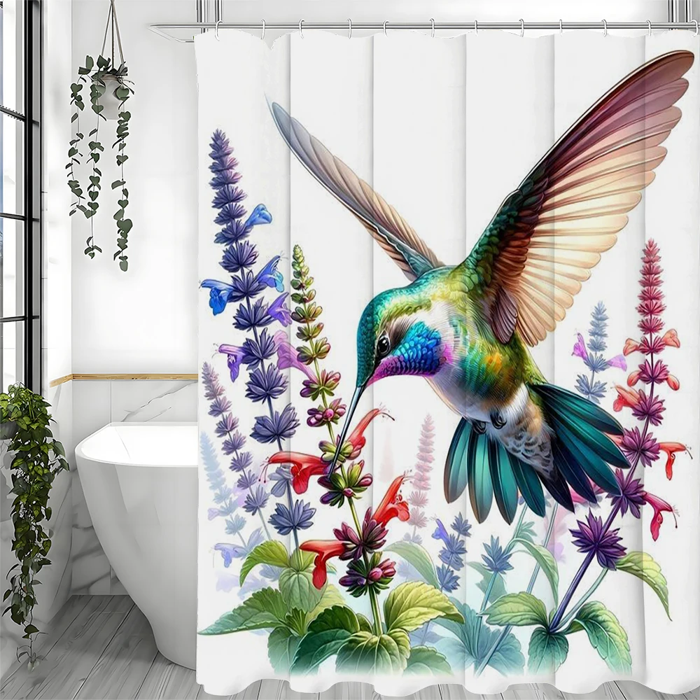 

Floral Hummingbird Shower Curtain, Bathroom Decorative Shower Curtain, Waterproof Shower Curtain with Hooks