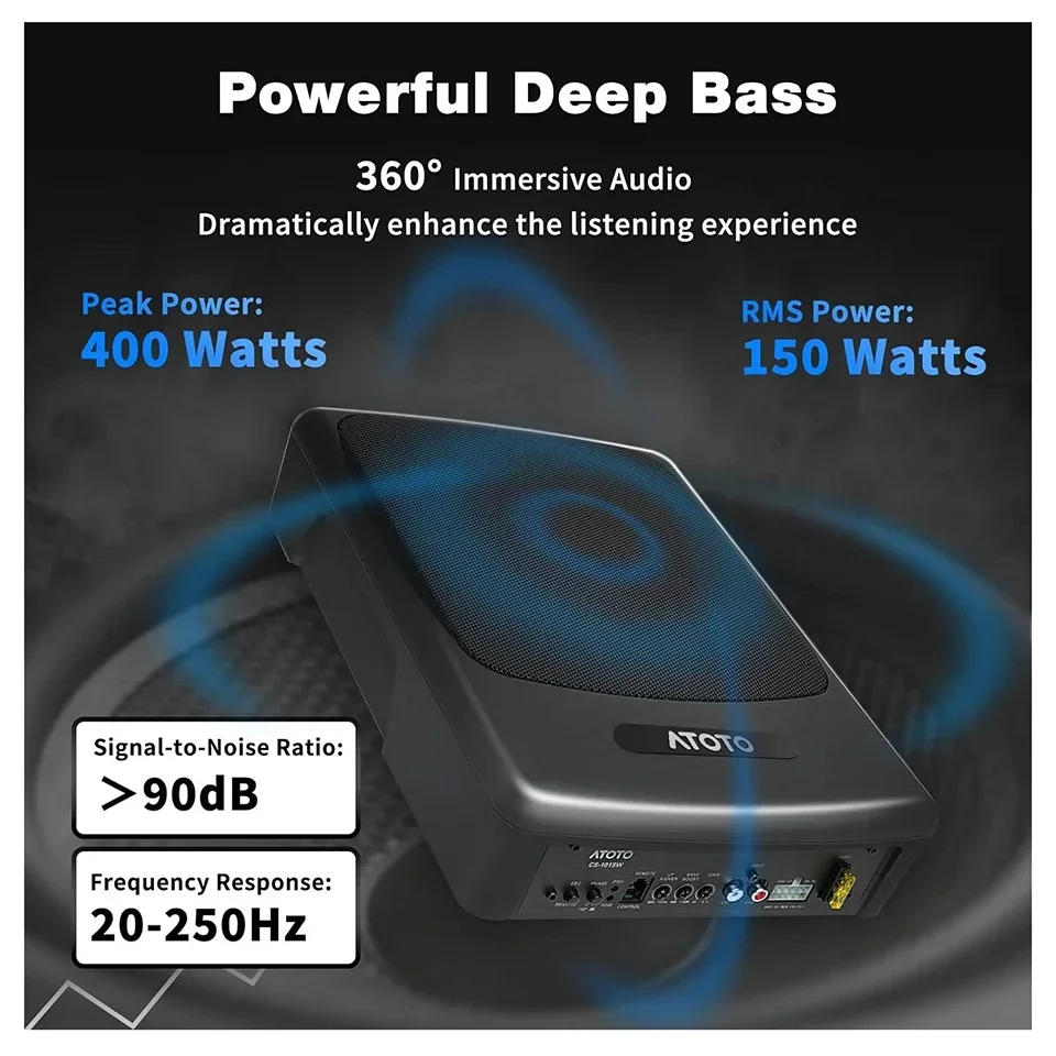 ATOTO CS-101SW 10" Active Powered Car Subwoofer 400W Deep Bass Speaker Amplified Car Audio Woofer with Amp High Low Level Input