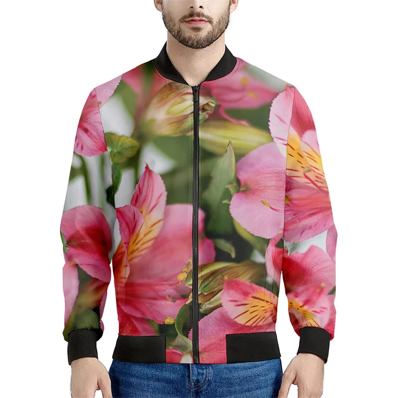 Alstroemeria Flower Pattern Zipper Jacket Men 3d Printed Ethnic Sweatshirt Street Casual Jacket Long Sleeve Bomber Zip Up Coat