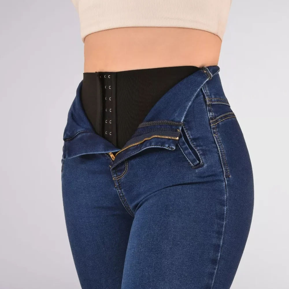 Jeans skinny de cintura alta para mulheres, calças wash blue, calças stretch, streetwear y2k, cinto abdominal, roupa diária, nova moda, 2023