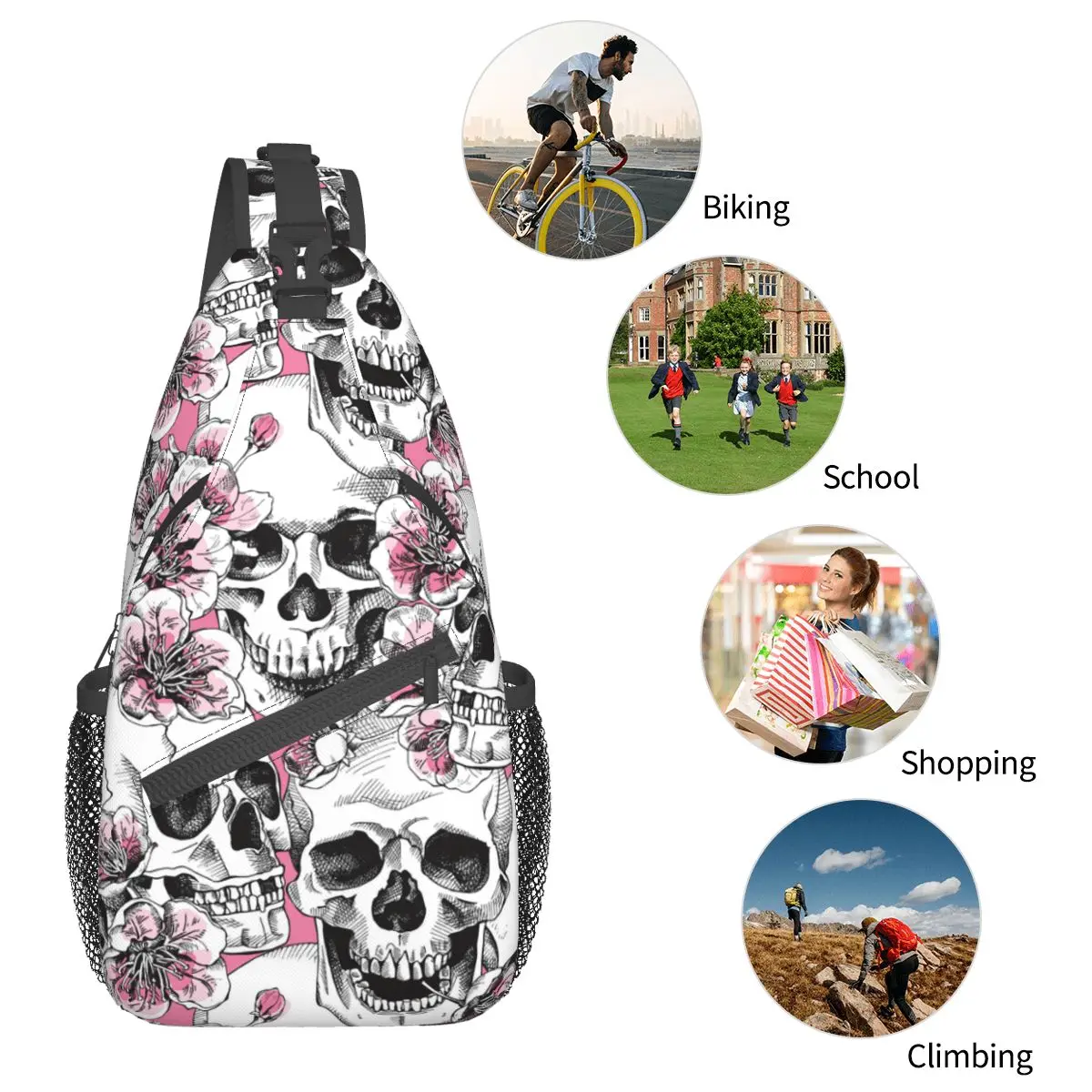 Floral Skull Sling Bag Chest Crossbody Shoulder Sling Backpack Outdoor Hiking Daypacks Pink Cherry Printed Bookbag