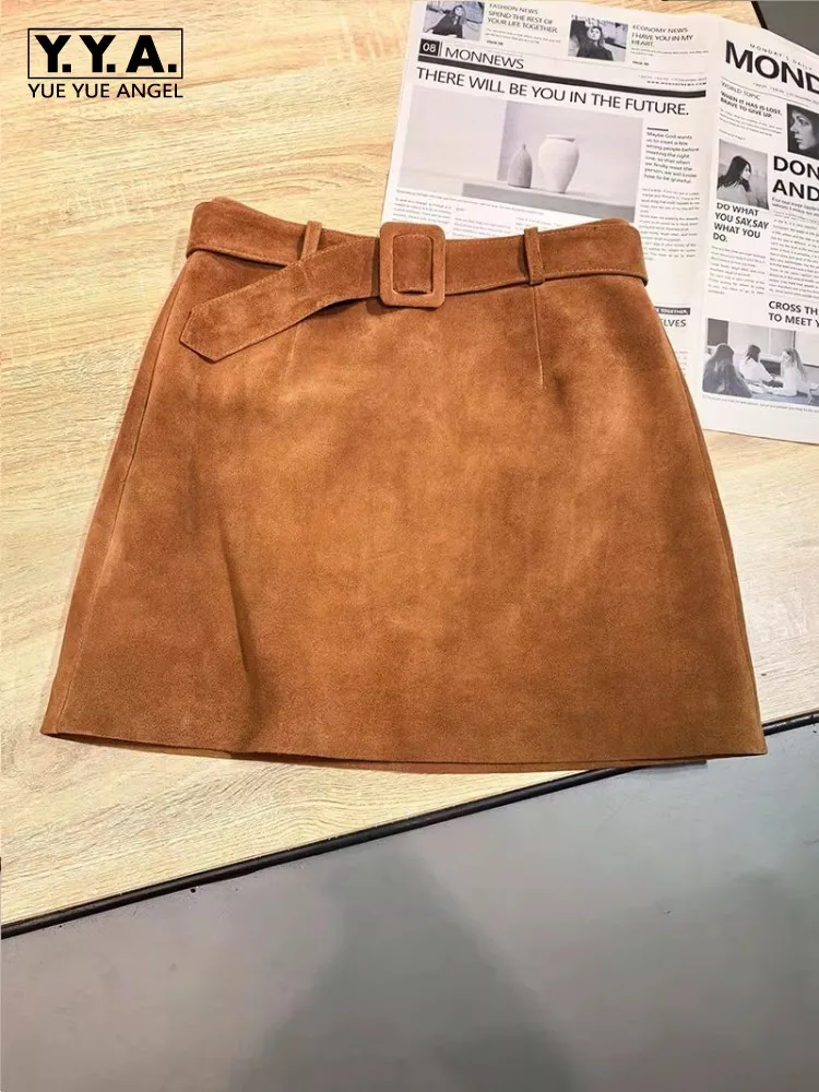 

Women Genuine Leather Suede Above Knee Mini Wrap Skirt New Autumn High Waist Belt A-Line Slim Fit Real Sheepskin Short Skirts