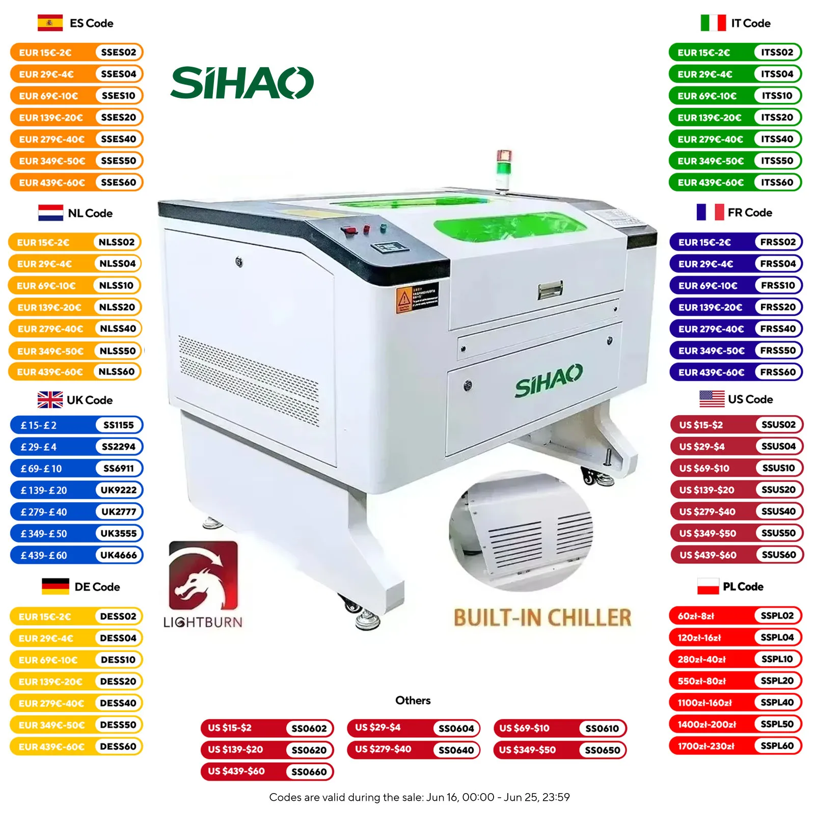 

SIHAO 100W Laser Engraver with Ruida DSP & Built-in Chiller - 700x500mm Large Area, Safety Warning Light for Wood/Metal/Leather