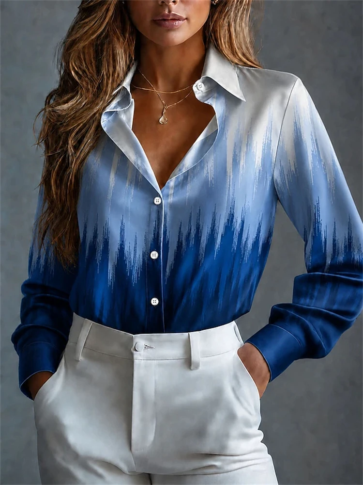 Women's Long-Sleeve Shirt for Autumn 2026 Stylish 3D Gradient Print Button-Down Street-Style Vacation Vibe Casual Women's Top